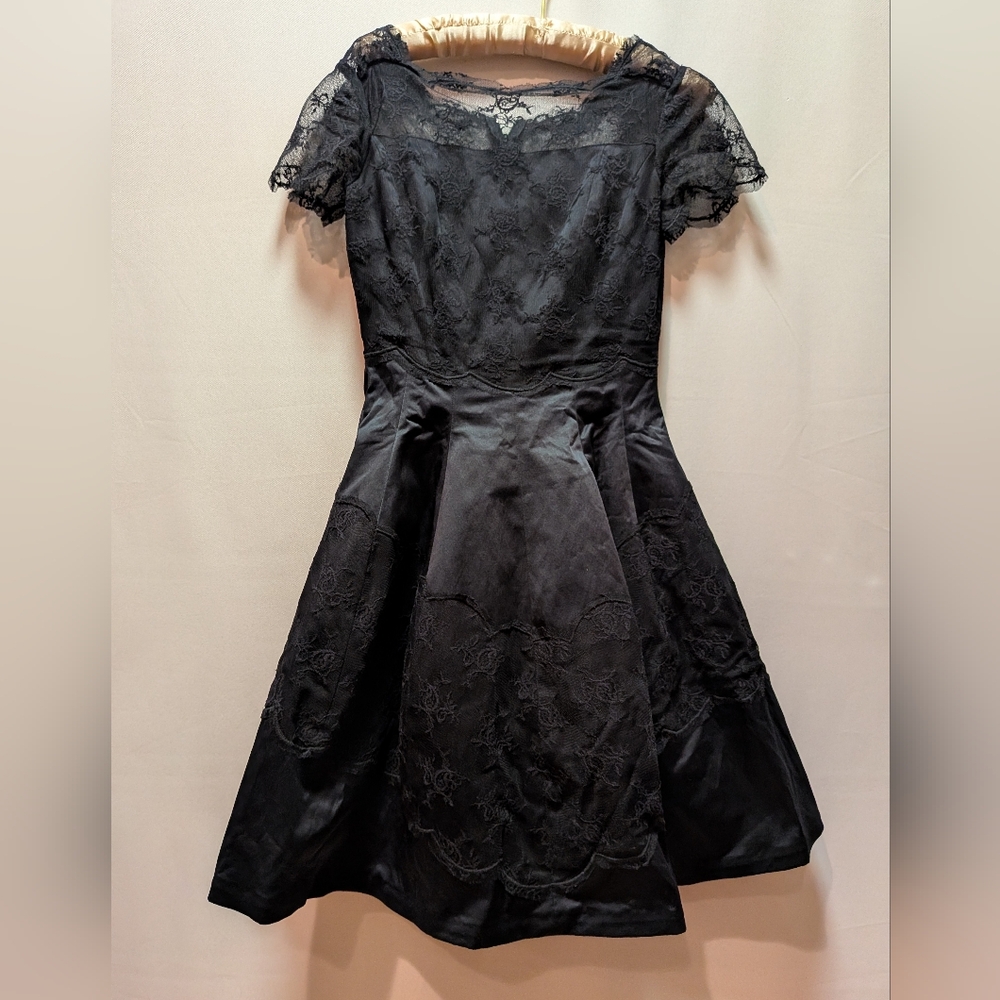 Elegant Black  Satin and  Lace Fit-and-Flare Dress